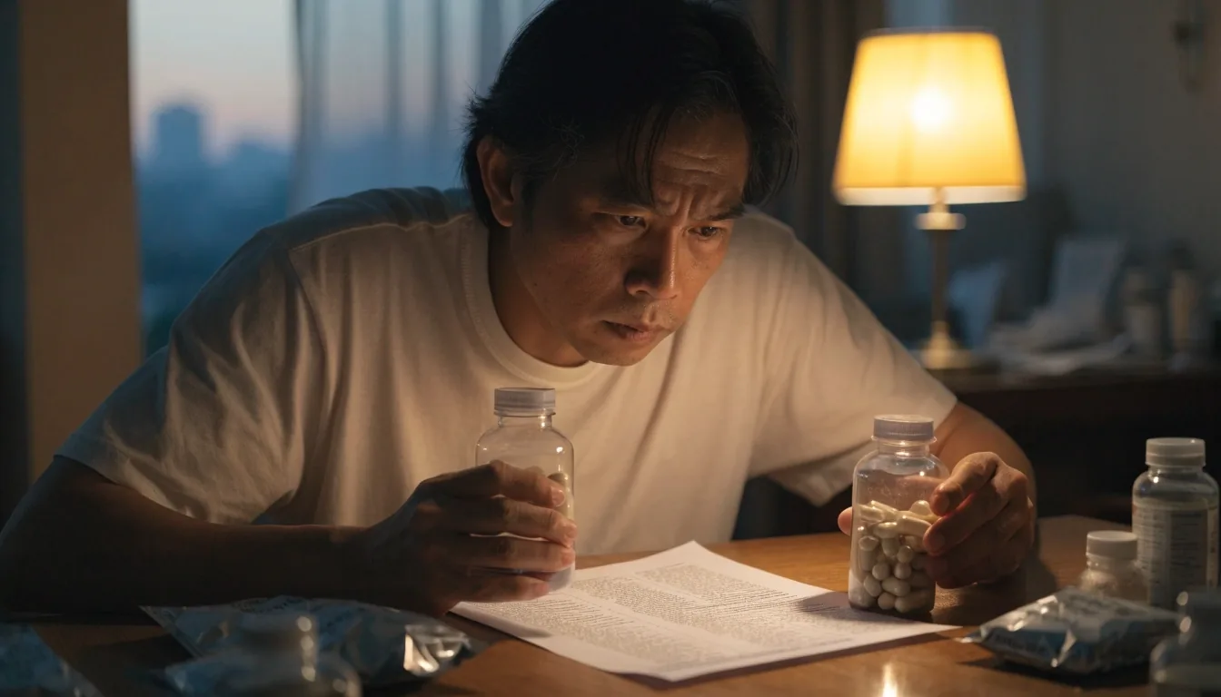 Editor at a Jakarta desk comparing unbranded supplement bottles with printed ingredient notes
