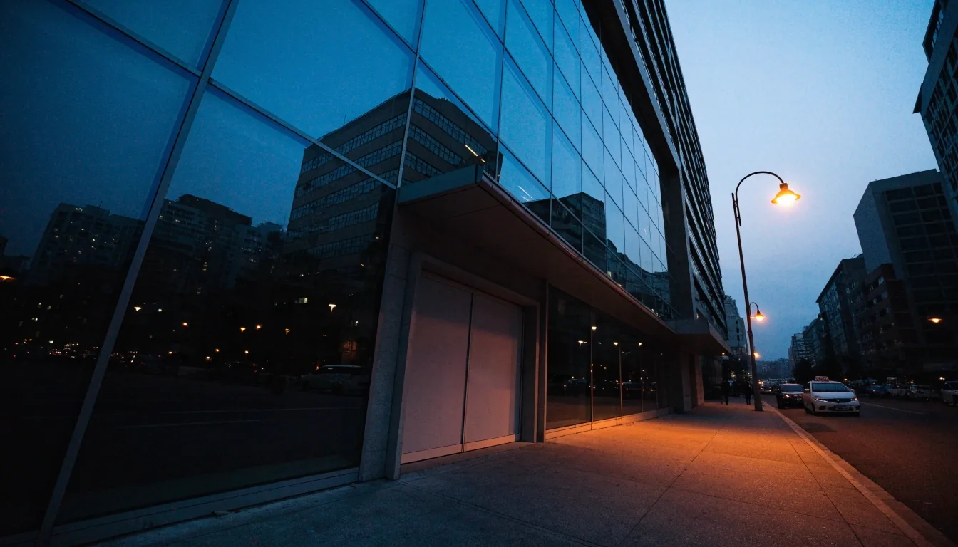 Jakarta street corner at blue hour with a plain modern office entrance and evening traffic behind