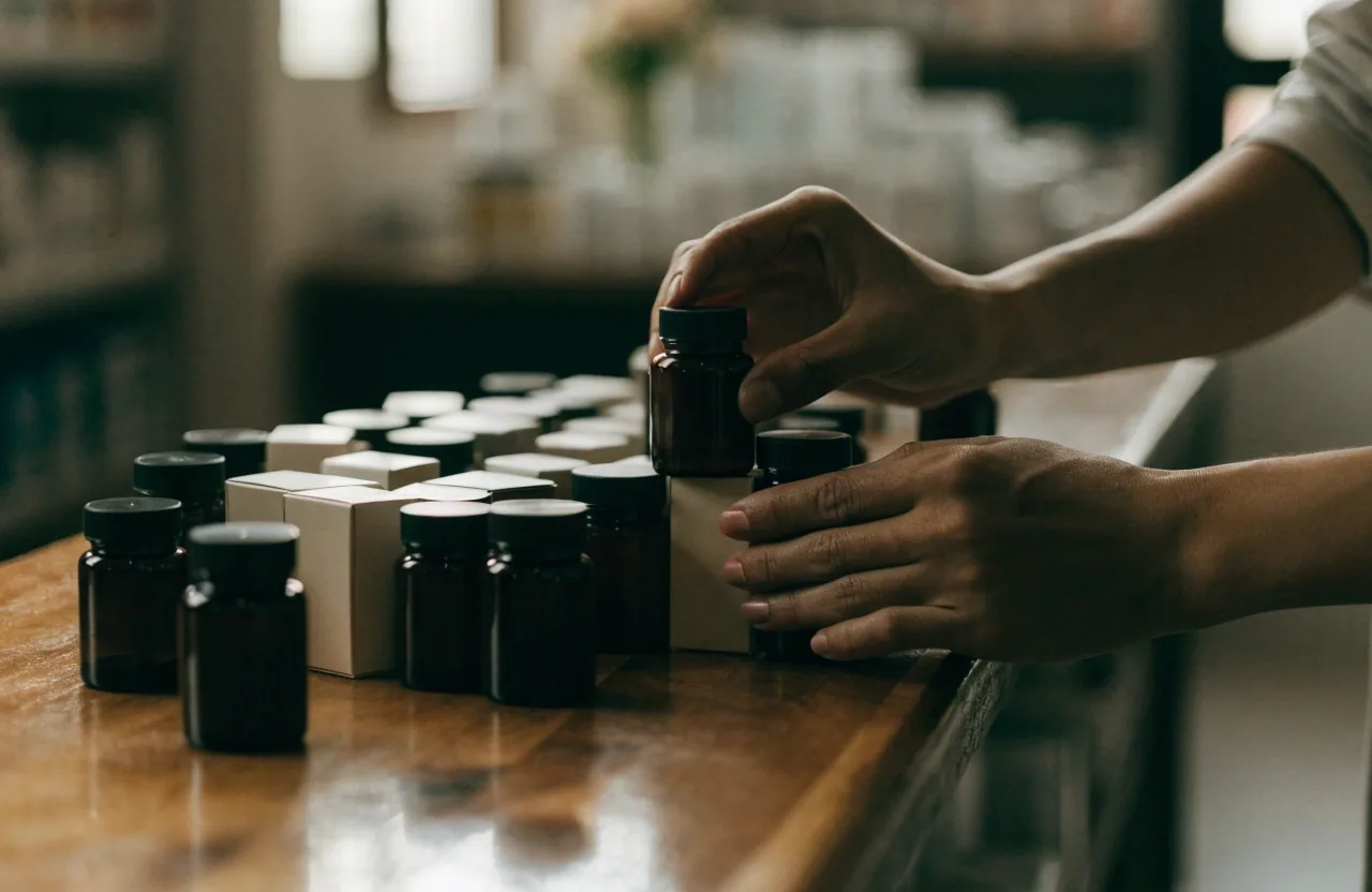 Overhead view of an Indonesian pharmacy shelf with plain supplement boxes and dark bottles