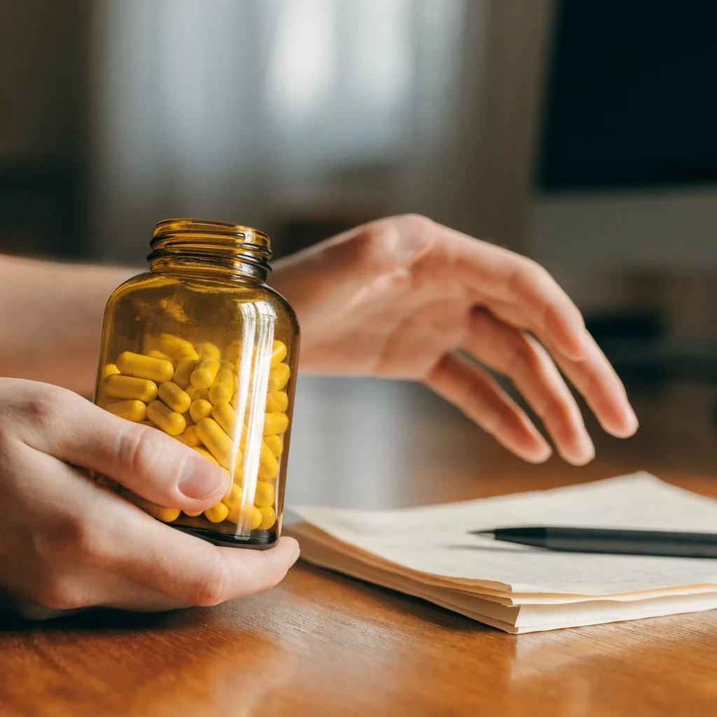 Two hands reviewing paper notes and an unbranded supplement bottle at a dim desk