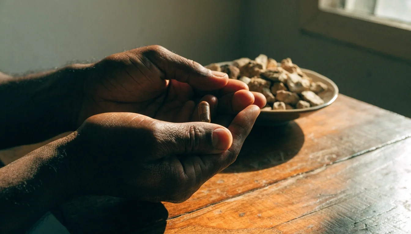 A single unbranded capsule held in a man's palm above a wooden table with dried maca roots