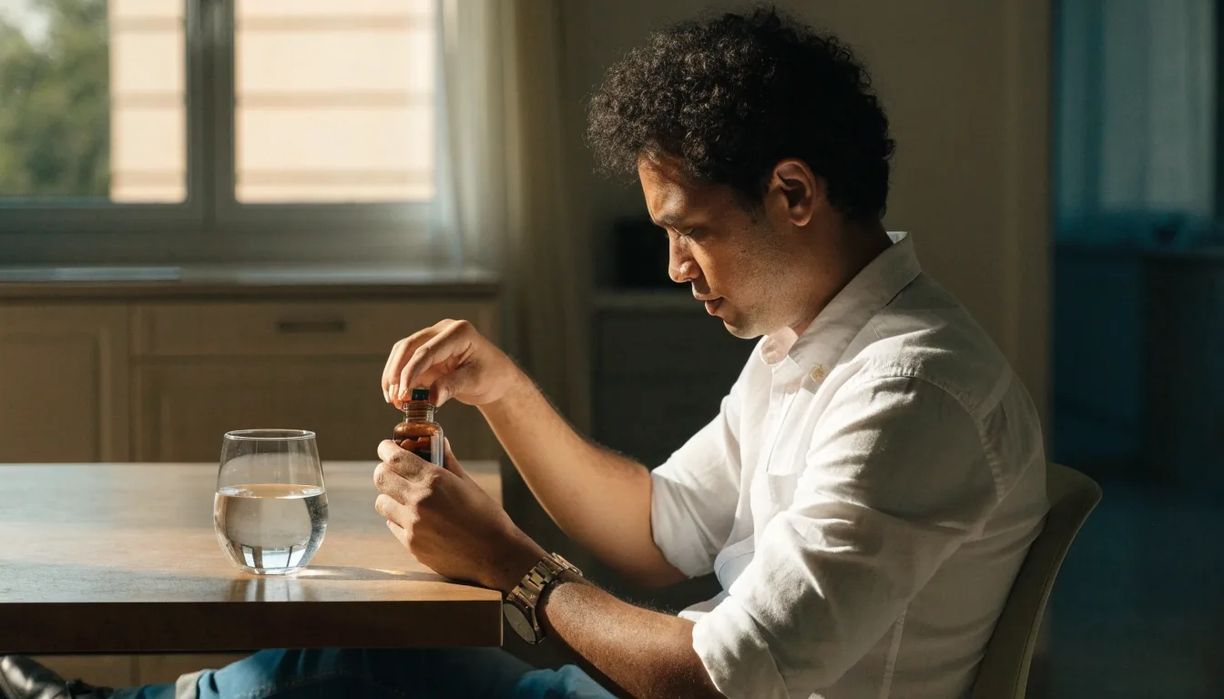 A man opening an unbranded supplement bottle at a table in a bright apartment