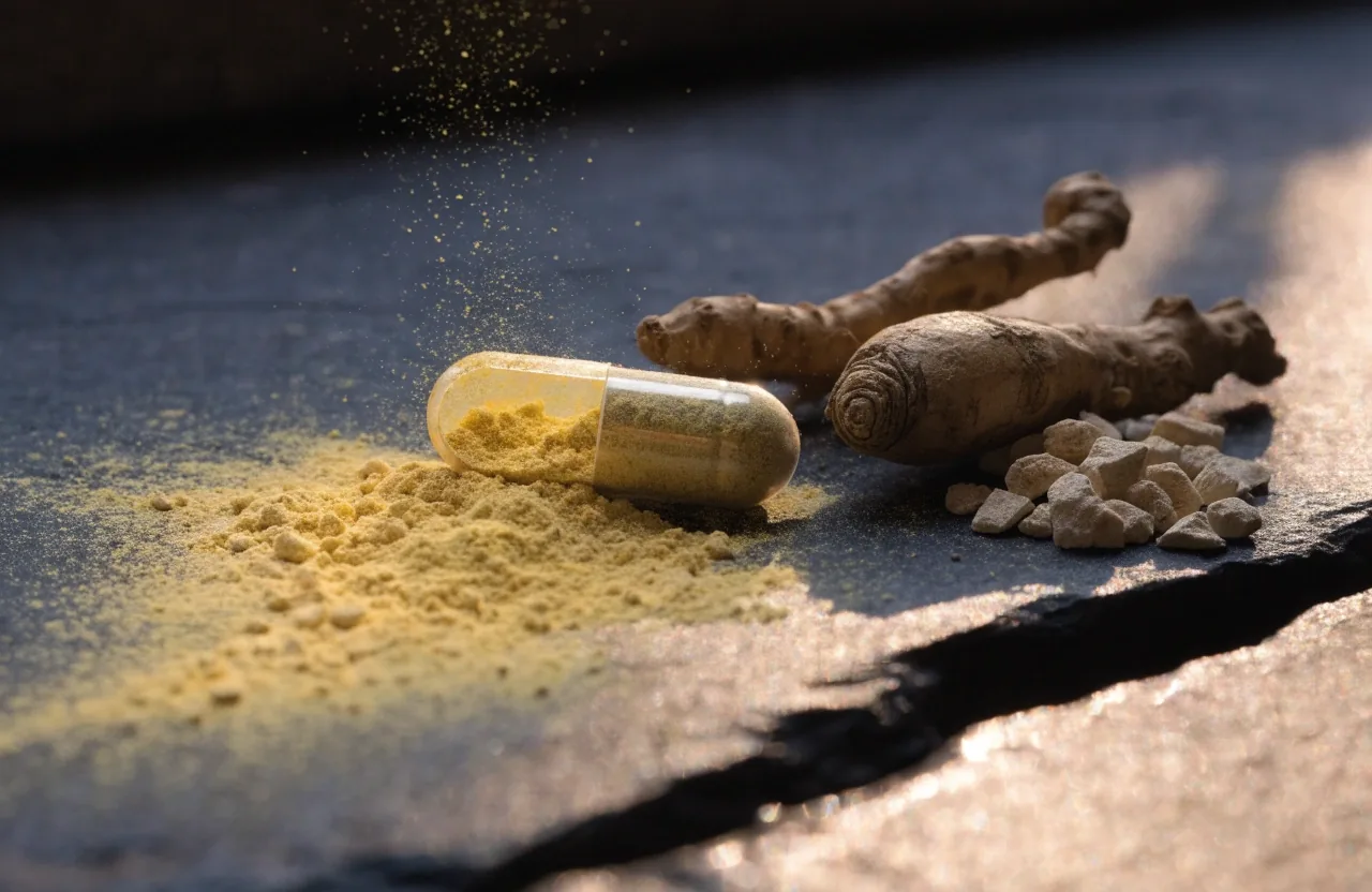 A capsule opened beside ginseng roots and maca powder on a dark stone surface