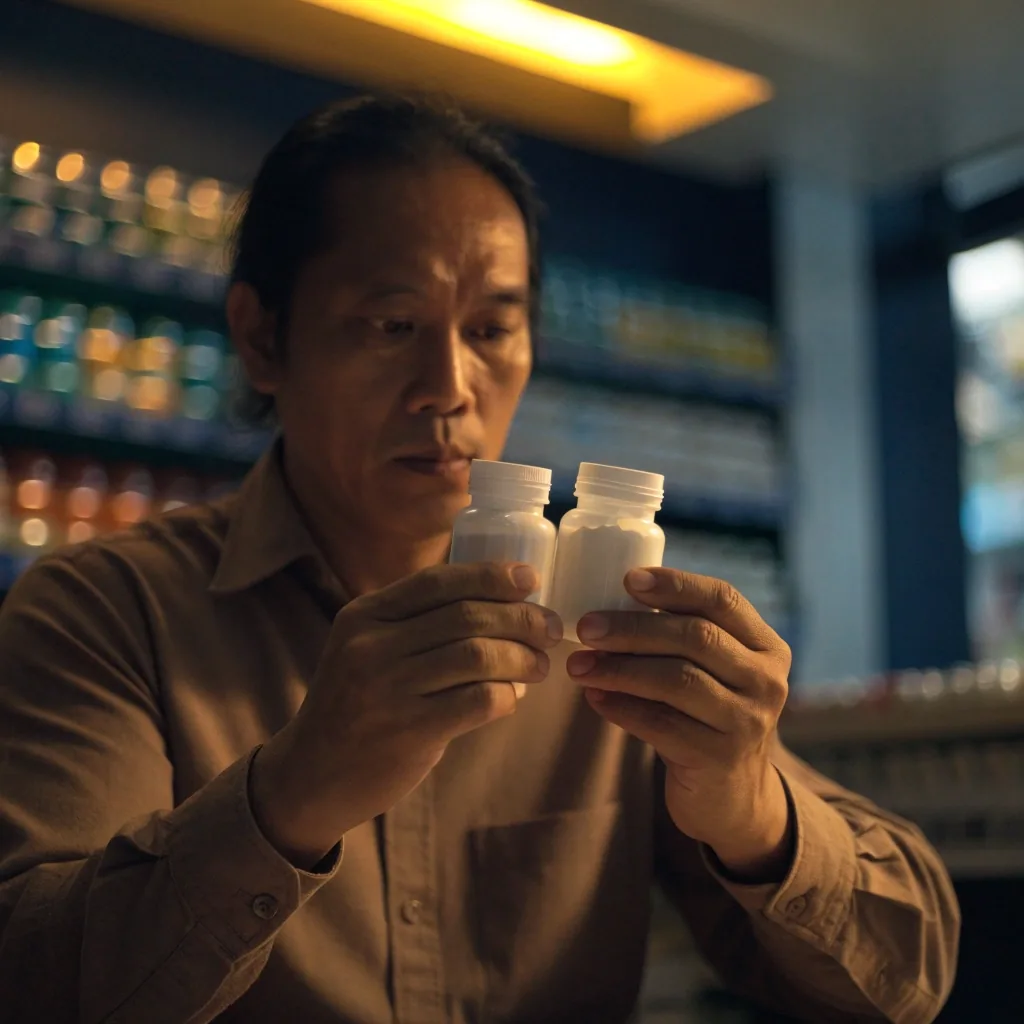 A man comparing two unbranded supplement bottles at a pharmacy counter in Jakarta