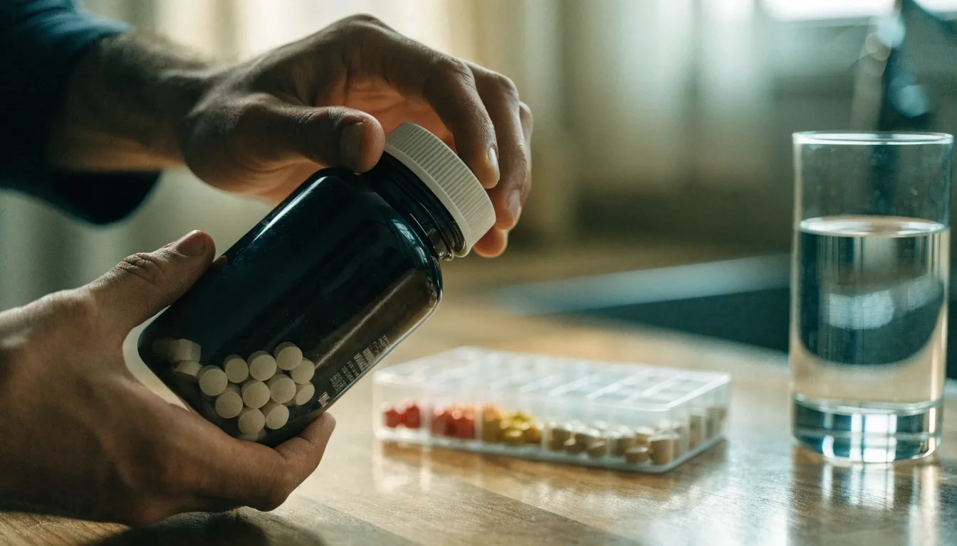 Unbranded supplement bottles and a pill organizer arranged on a dark kitchen surface