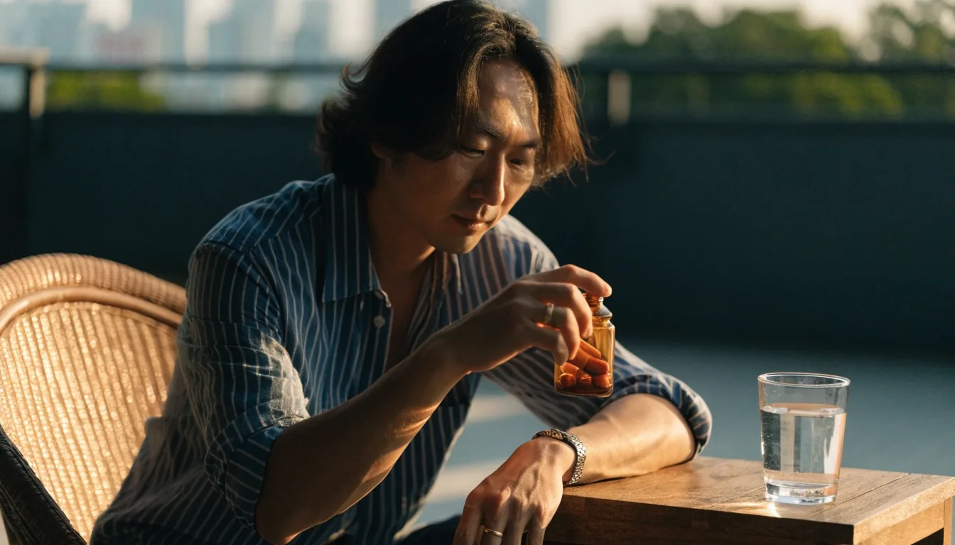 A man at a desk reading a supplement leaflet beside an open bottle of men's vitamins