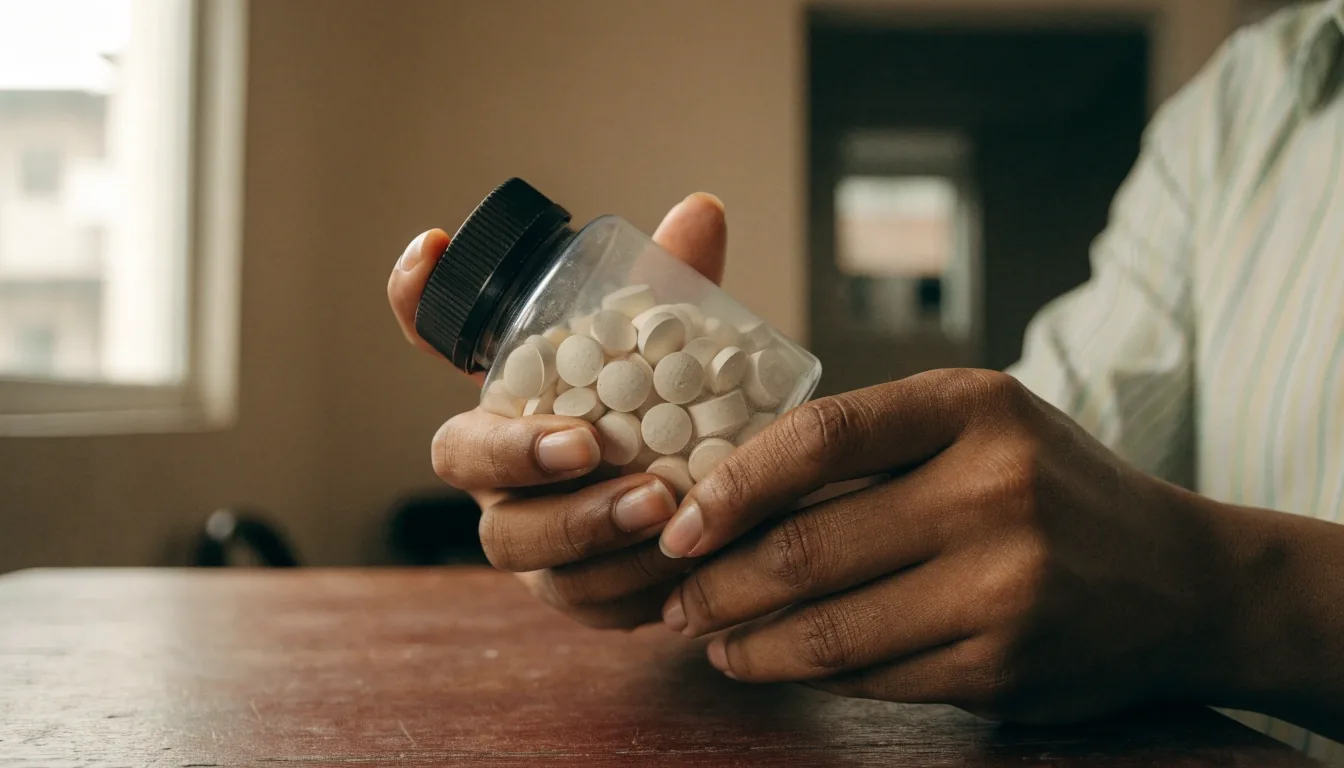 Hands arranging unlabelled supplement bottles in a row on a counter