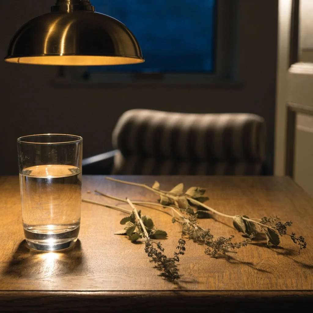 A home dining table with a glass of water and dried herbs under a single warm lamp at evening