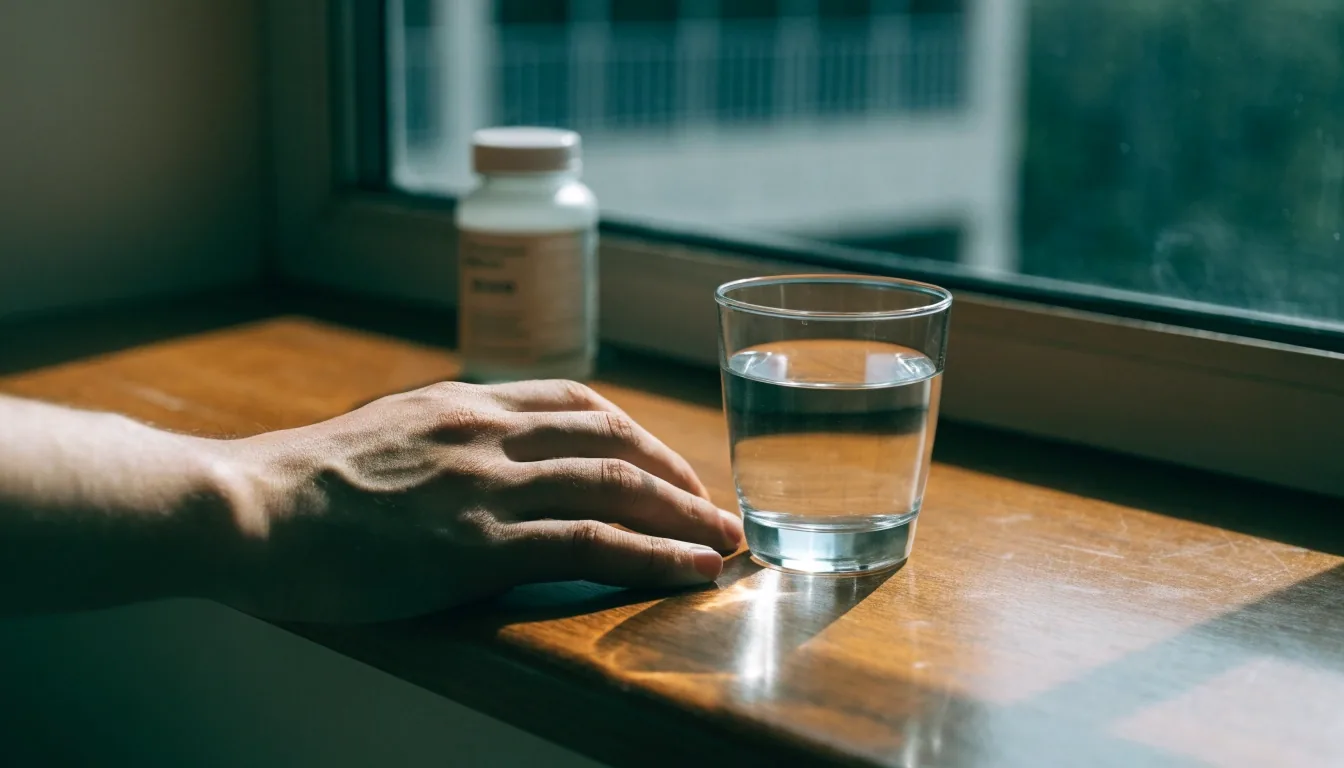 A quiet desk with a laptop screen turned away and a glass of water in soft daylight
