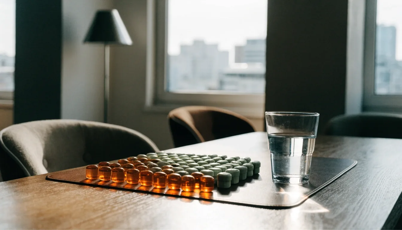 Capsules, tablets and herbal capsules for men's supplements arranged on a leather desk mat beside a glass of water in a Jakarta apartment