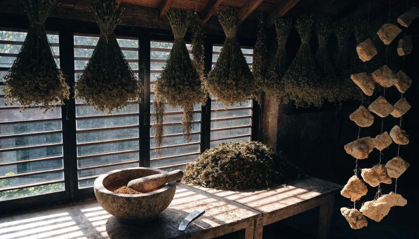 Halved maca roots, ginseng slices and powdered herb extracts spread across a dark stone table with a ceramic cup of water at the edge