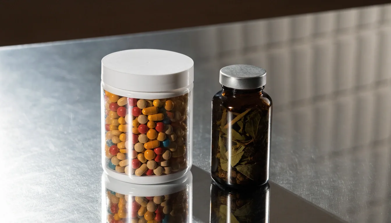 Two supplement containers on a stainless steel surface, one wide multivitamin tub and one narrow single-herb bottle, with morning window light raking across both