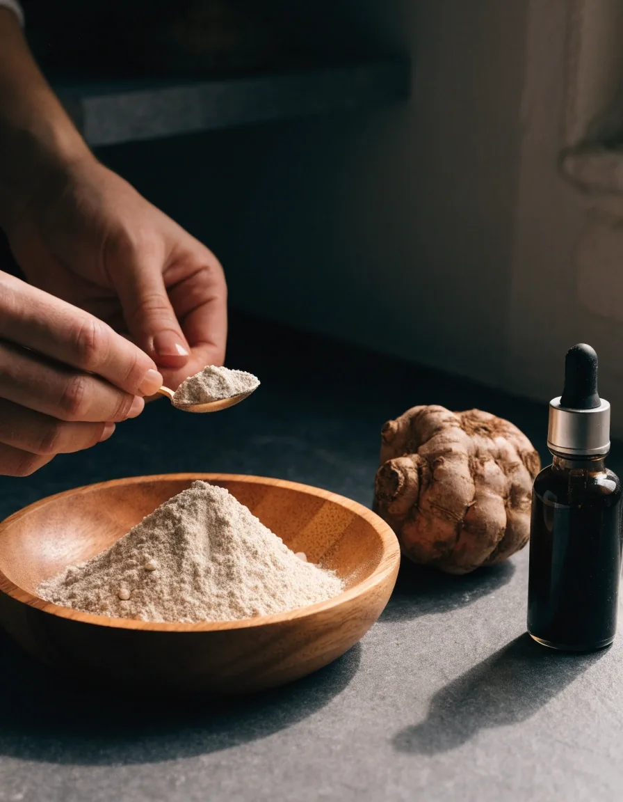 Macā root powder in a wooden bowl beside a whole dried root on a slate counter