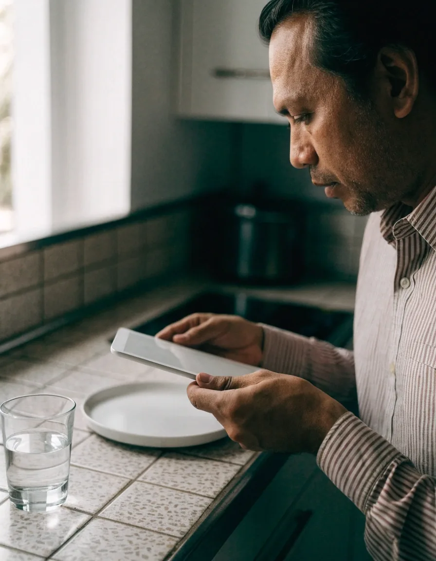 Man lifting a tablet above a white plate with a glass of water in a bright kitchen