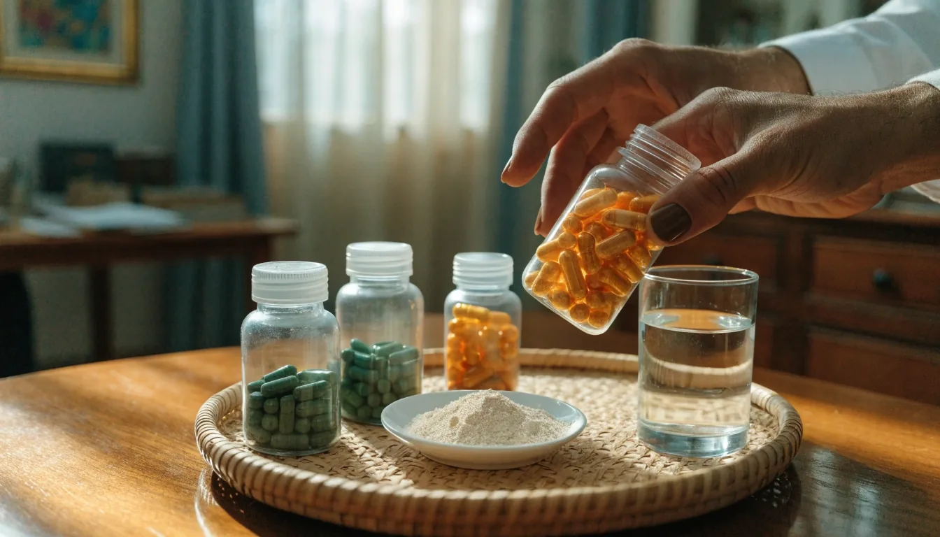 Open supplement bottles and a dish of root powder on a wooden table in warm afternoon light