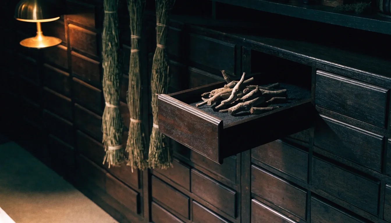 Open wooden drawer of dried roots in a dim herbal supply shop with tied stems hanging nearby