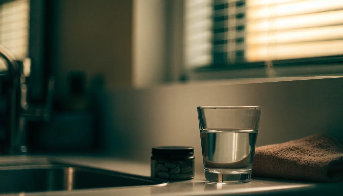 A supplement jar and a glass of water on a kitchen counter in soft evening light