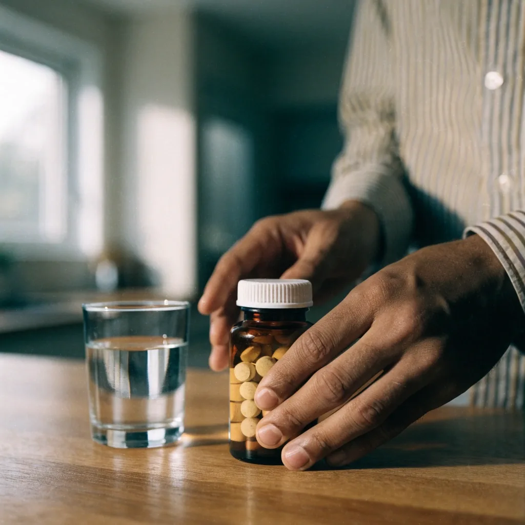 A supplement bottle and a glass of water on a kitchen counter in soft morning light
