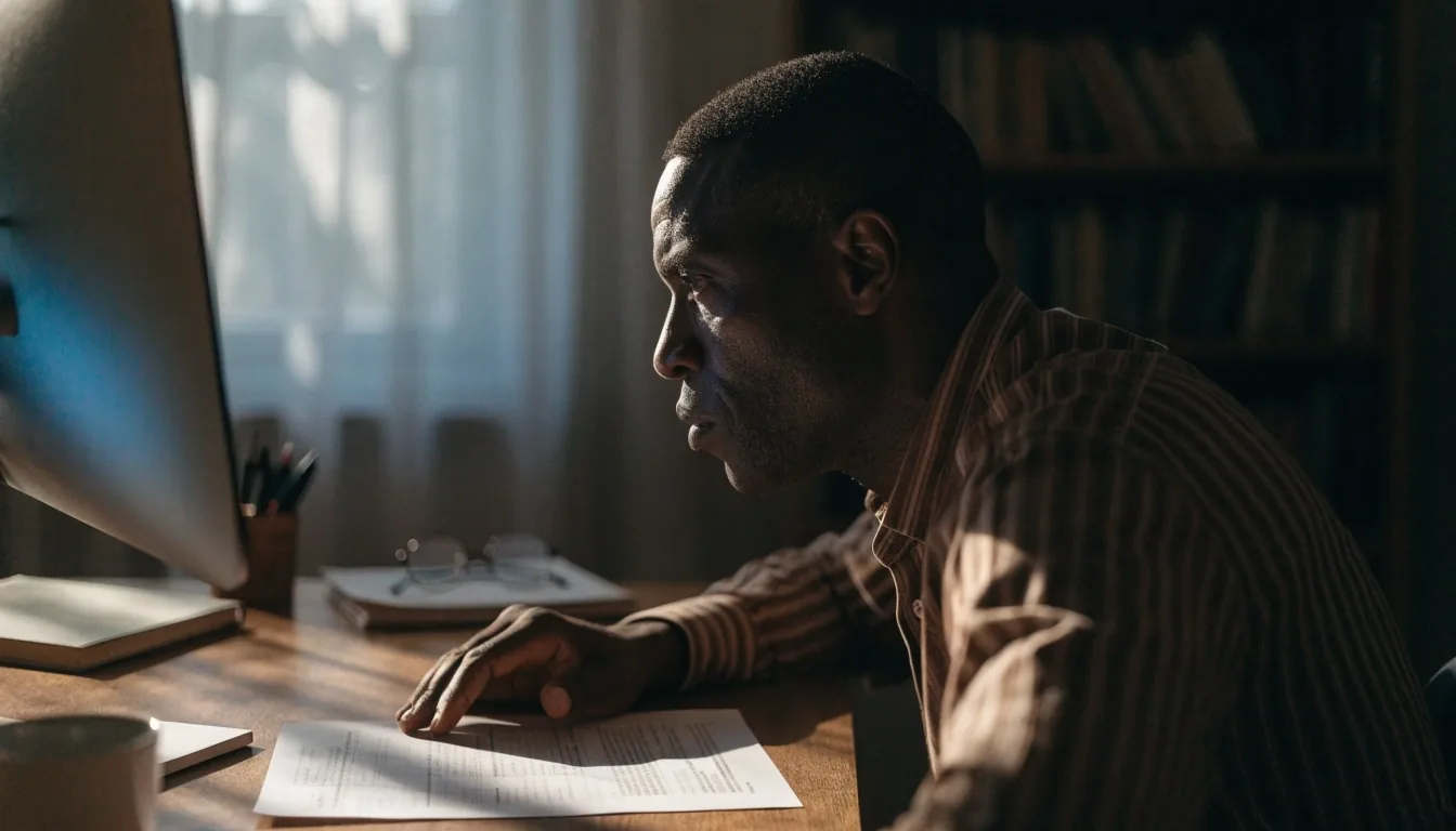 A man reading a message at a desk in a quiet home office in afternoon light