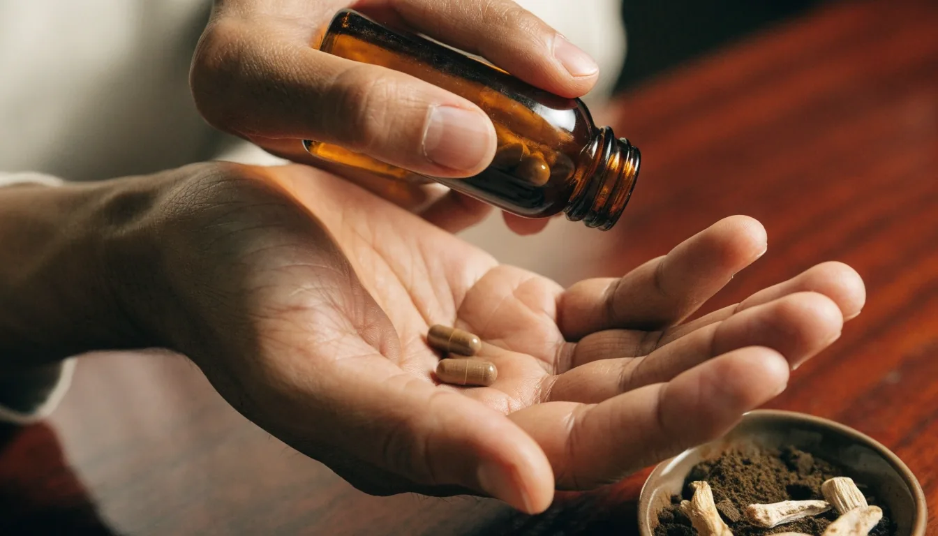 A hand tipping unbranded capsules from an amber bottle beside dried root slices on a desk