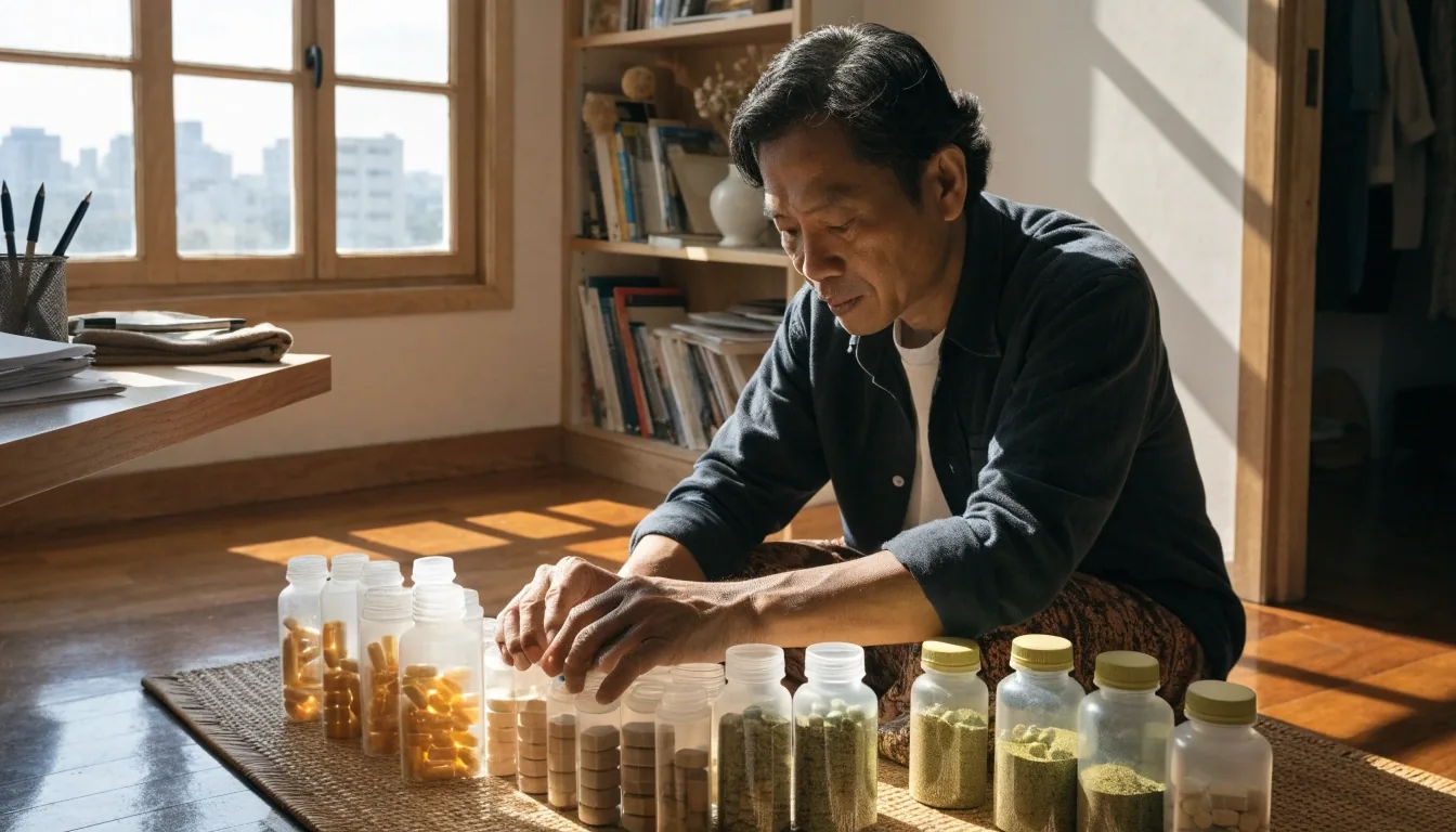 A man at a kitchen counter holding a supplement capsule beside a tray of unbranded bottles of different shapes