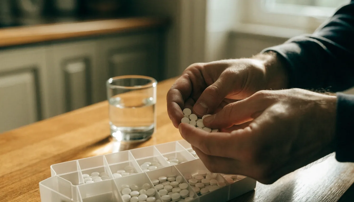 A supplement bottle, glass of water and notebook on an apartment windowsill with blurred city lights outside