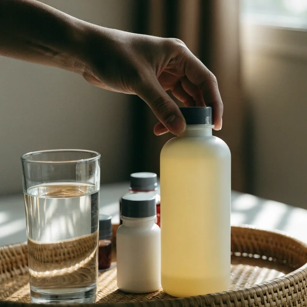 Three unbranded supplement bottles of increasing size in a row on a dark tabletop