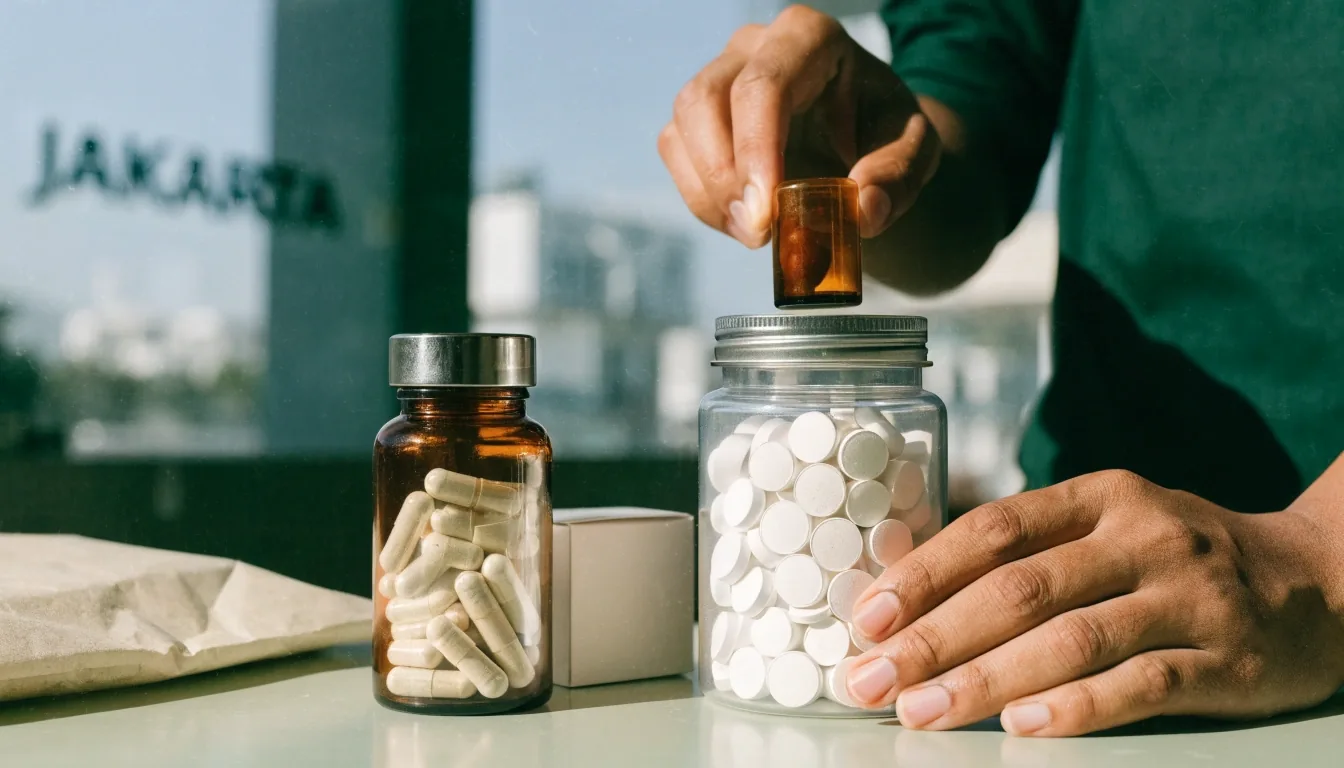 Unbranded supplement containers of different formats on a pharmacy counter with a pharmacist's hands at the edge