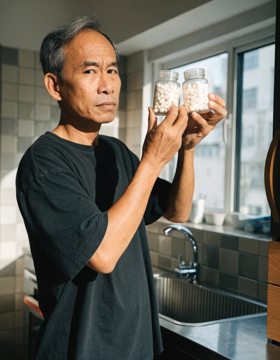 A man in his fifties comparing two unlabeled supplement bottles in a bright kitchen