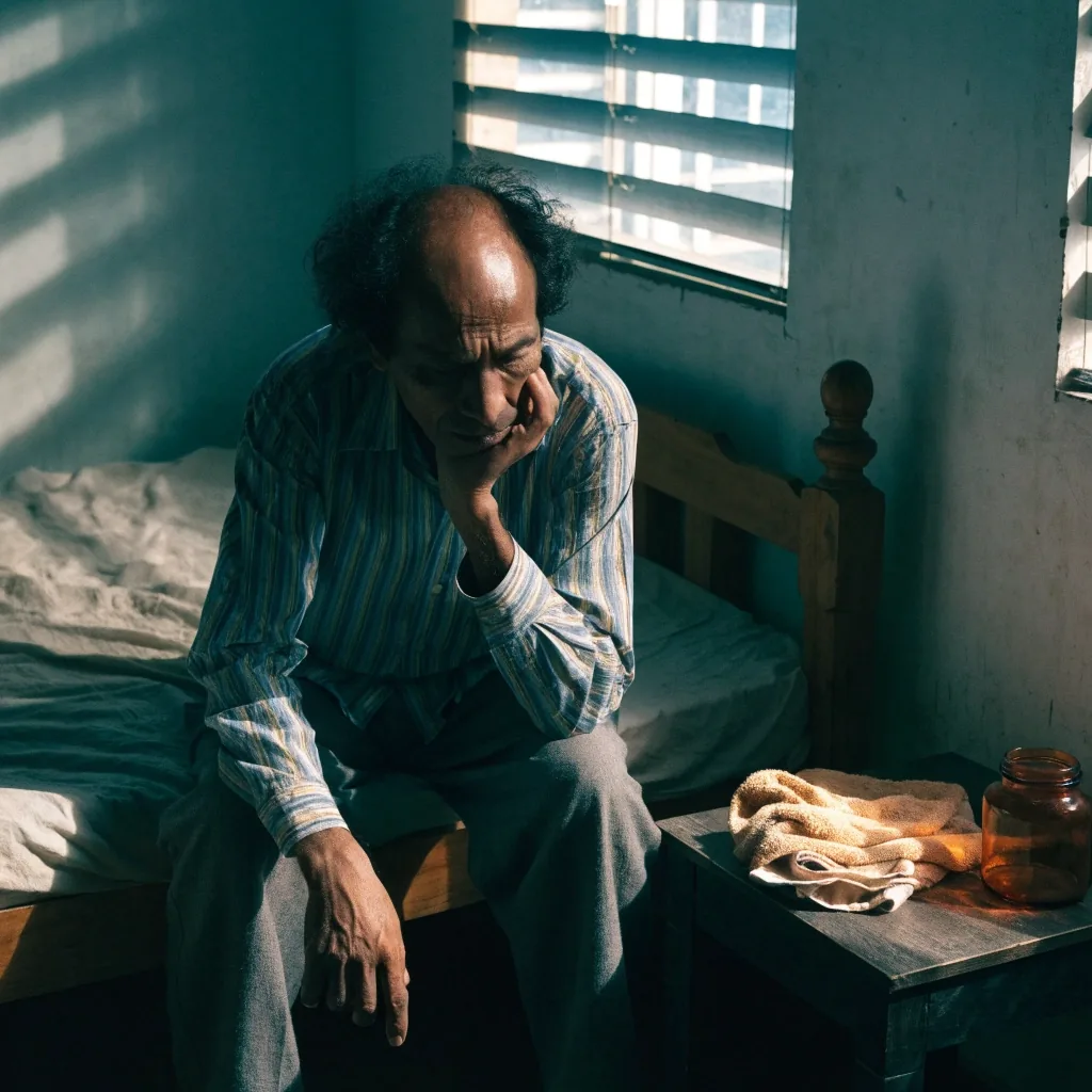A man resting quietly at the edge of a bed in early morning light, a small supplement jar on the side table