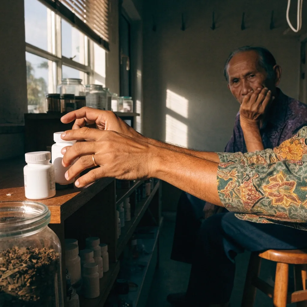 An older man and a pharmacist comparing two supplement bottles at a pharmacy counter