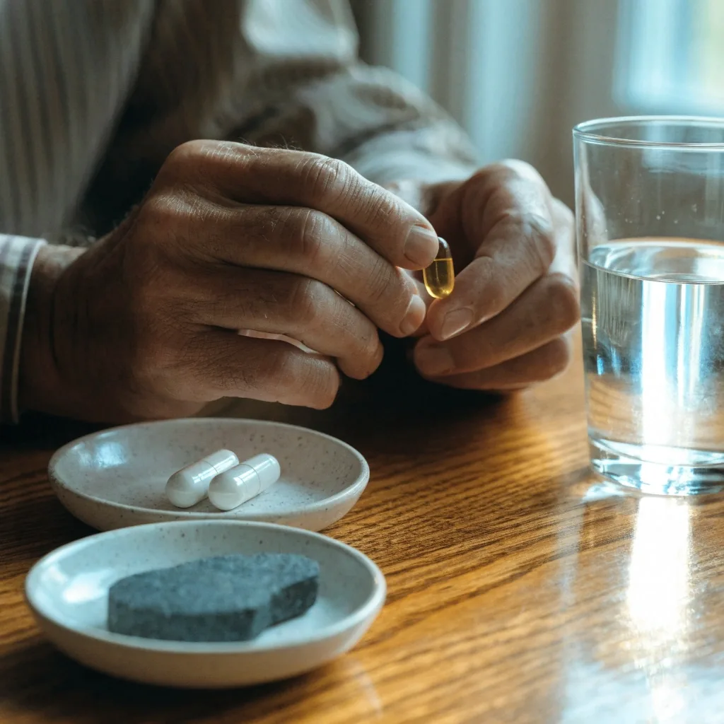 Capsules, a softgel and a dish of dried saw palmetto berries on a dark slate surface