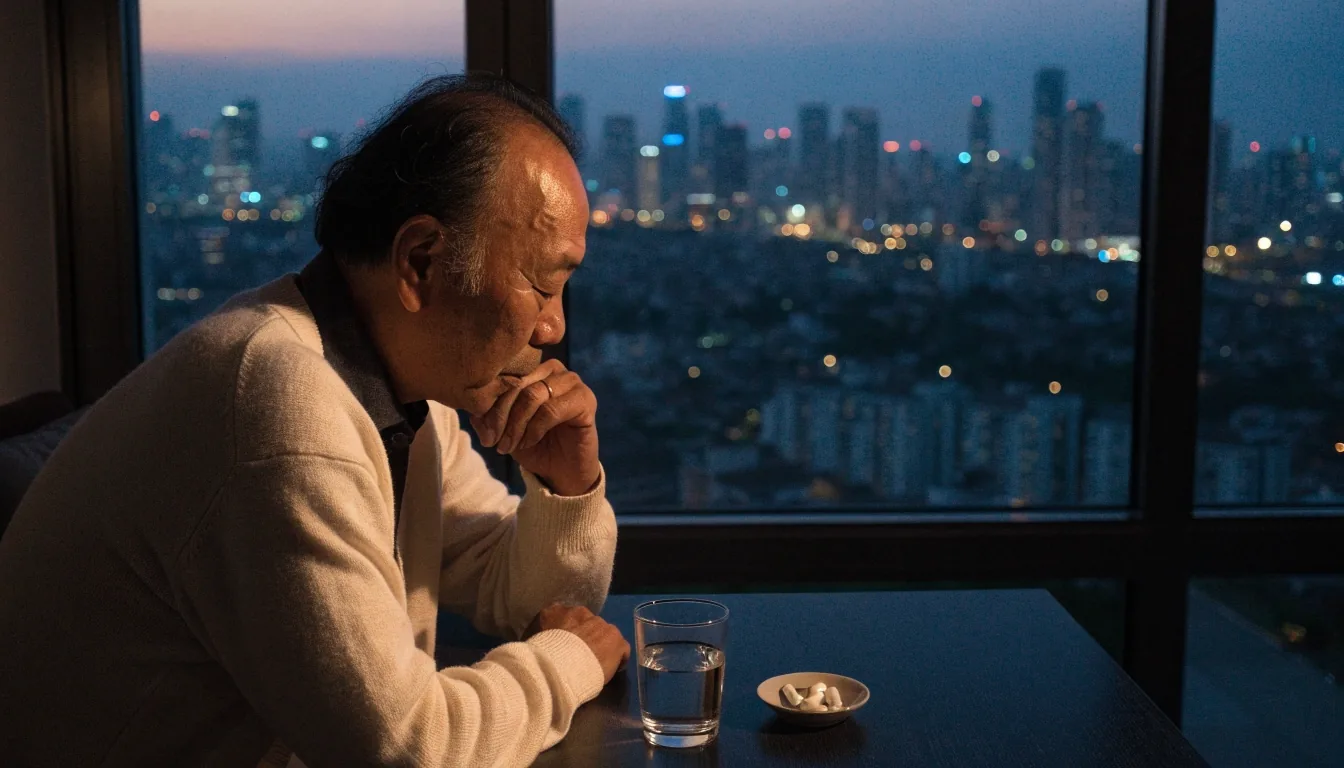 Evening view over Jakarta from a high window, with a glass of water on the table in the foreground
