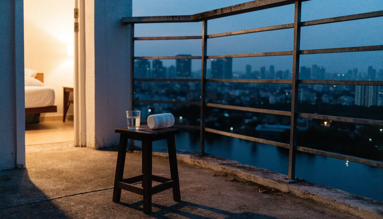 A quiet South Jakarta apartment balcony at dusk with a glass of water and a supplement bottle on a wooden stool facing the skyline