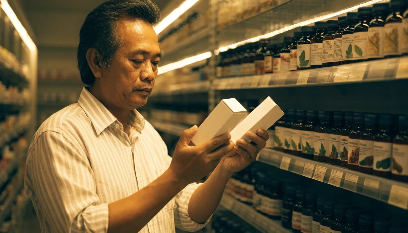 A man comparing tablet boxes on a shelf in a Jakarta retail health aisle in the evening