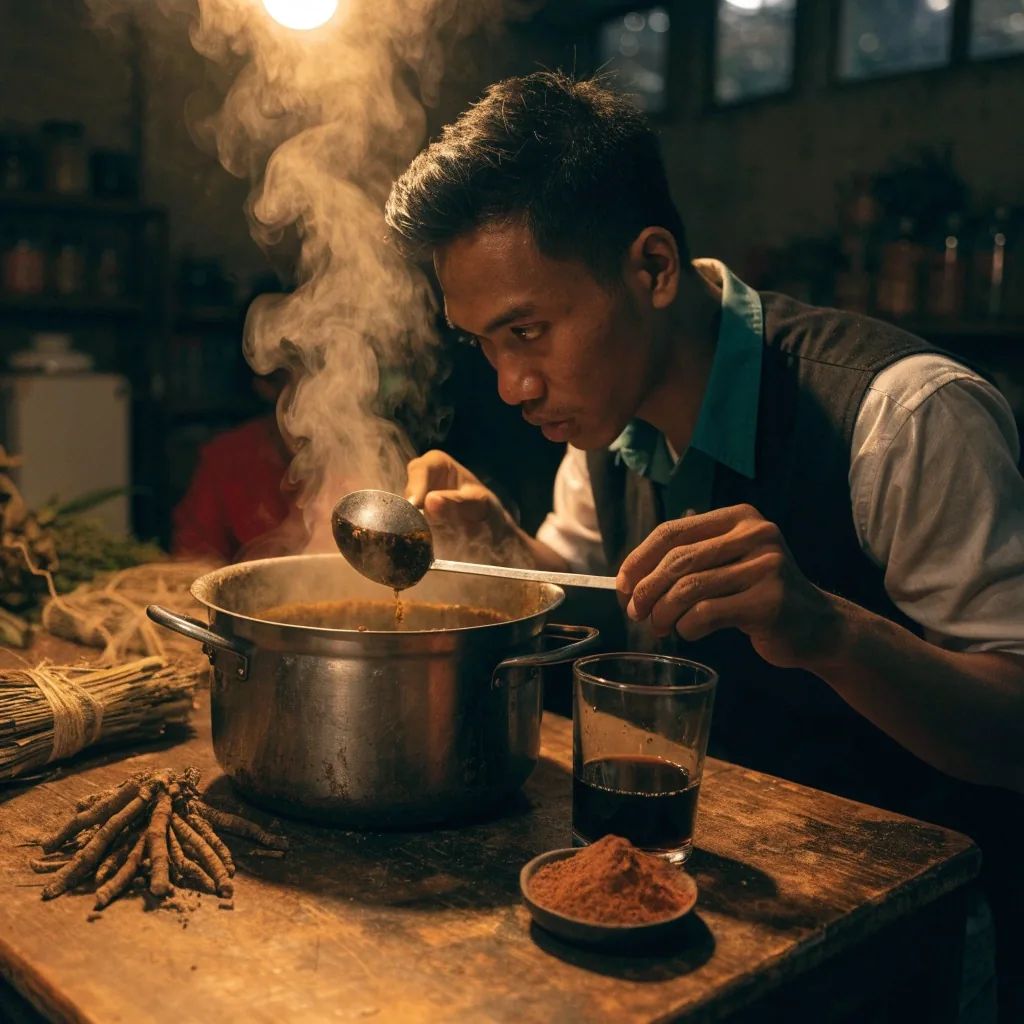 A man preparing a herbal tonic in a Jakarta apartment kitchen at dawn, with dried roots and maca powder on the counter