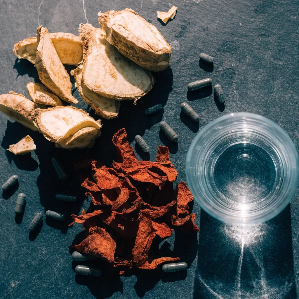 Overhead still life of maca root pieces, dried ginger, and dark mineral capsules beside a glass of water