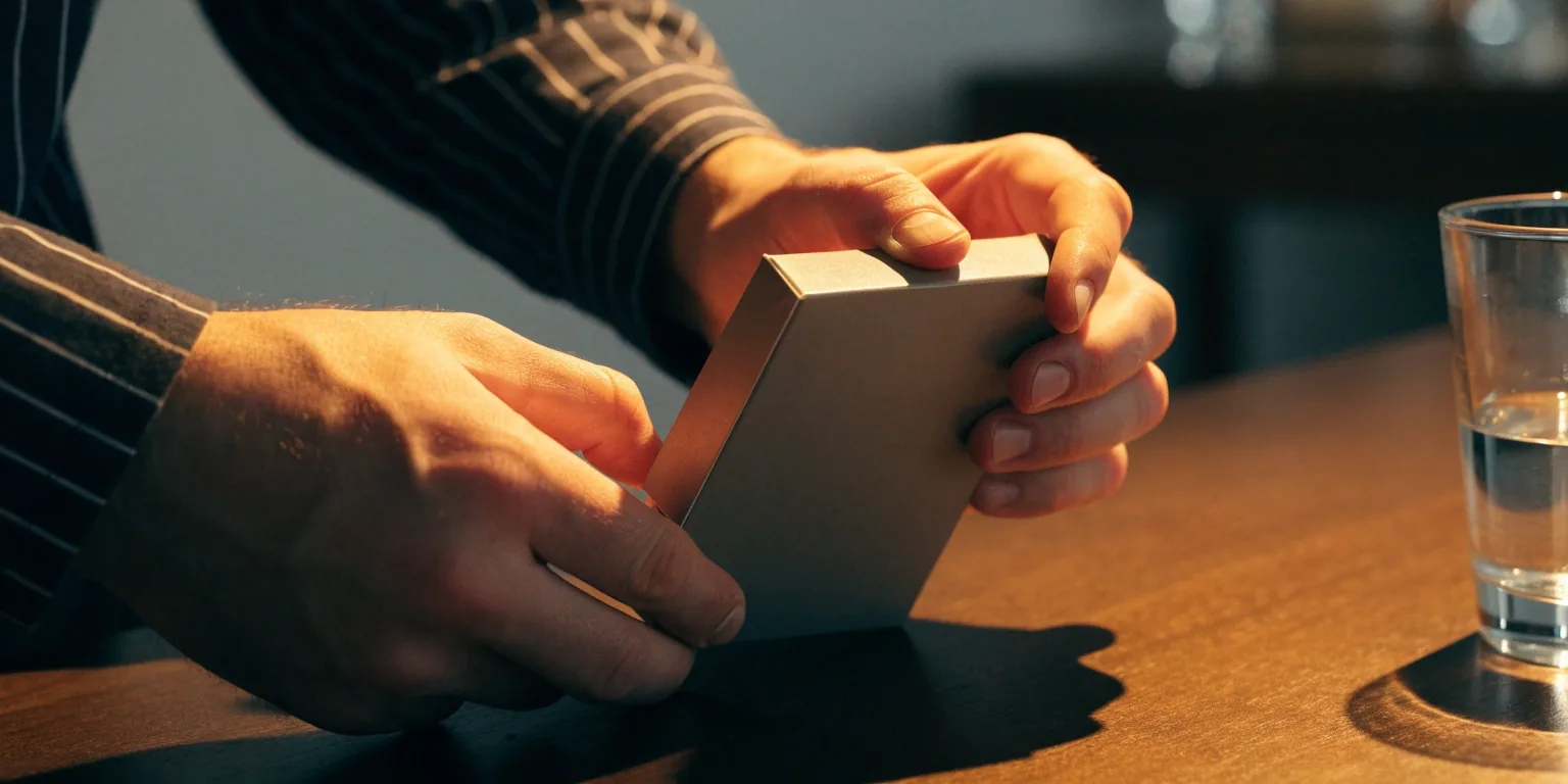 Two hands turning a supplement box to read the back panel under warm light on a wooden table