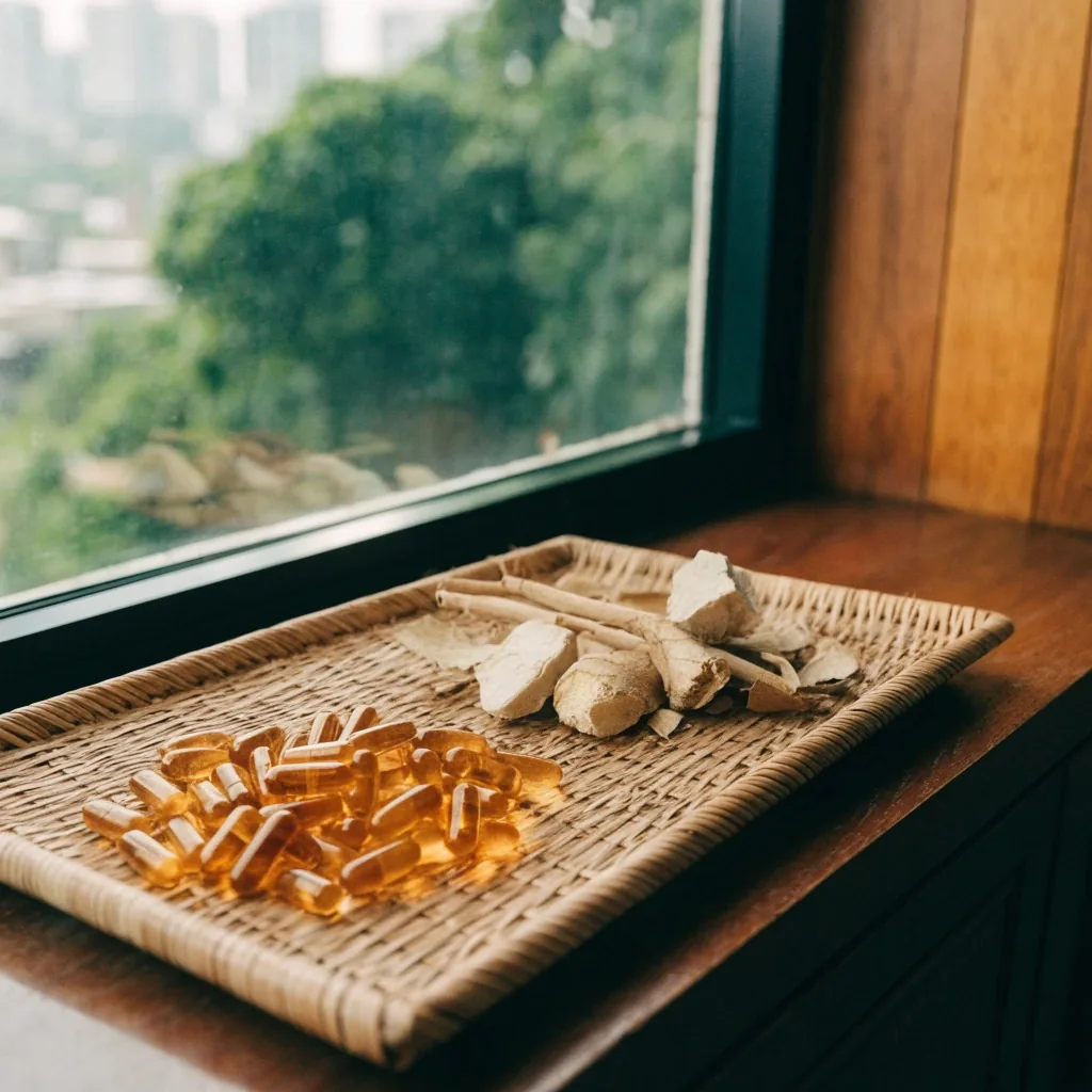 Amber supplement bottles and folded cloth on a dark shelf in a Jakarta editorial office