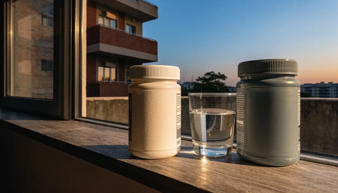 Two opaque supplement jars and a glass of water on a Jakarta apartment windowsill at dusk
